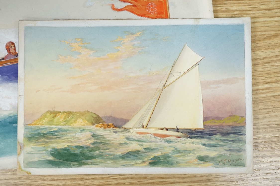 Charles Thomas Howard (1865-1942), four original watercolours for postcard designs, boating and yachting interest to include J Class Yachts Racing and Miss Britain Speedboat, two signed, largest 38 x 25cm, unframed. Cond